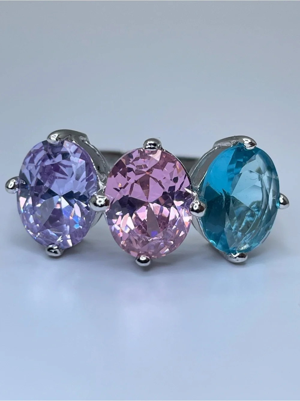 Swarovski Crystal Elements 3 Stone Silver Ring Pink Blue Purple Sz 7 Statement